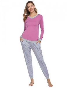 Aiboria Pyjama Femme, Ensemble de Pyjama en Coton Doux & Confortable Manche Longue Col V Pyjama