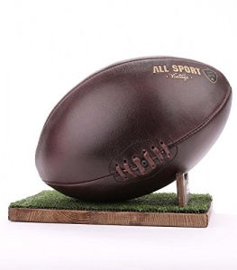 ALL SPORT VINTAGE - Ballon De Rugby Et Socle Gazon - Chocolat - Cuir De Vachette - Cousu Main -