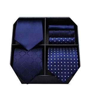 HISDERN Lot 3 PCS Cravate Homme Polka Dot Check Stripe Solide Couleur Mouchoir de mariage Cravate et