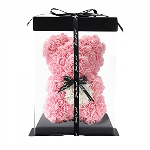 Ours en peluche rose fait à la main - Cadeau pour elle, amie, femme, boîte cadeau transparente de