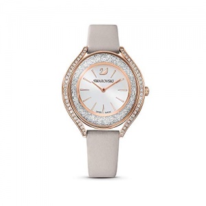 Swarovski Montre Crystalline Aura femme, cristaux Swarovski blancs, bracelet en cuir, PVD doré rose