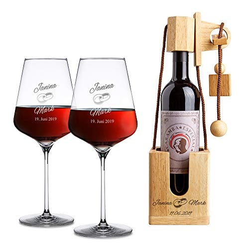Coffret 2 verres à vin gravés et casse-tête pour bouteille